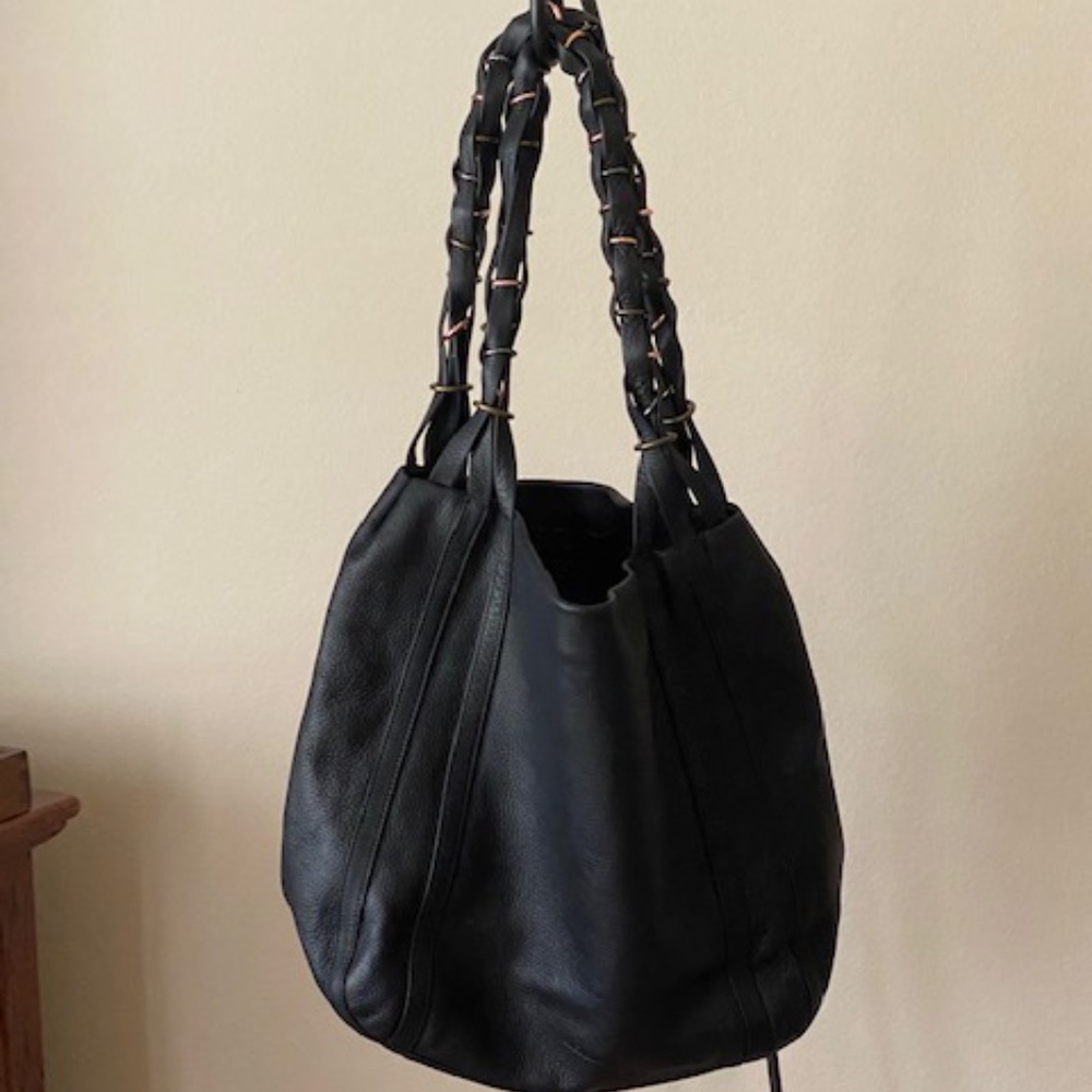 Arcadia Black Leather Shoulder Bag with Braided Handles